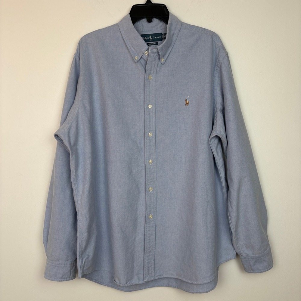 Ralph Lauren Mens Button Down Shirt XXL Blue Custom Fit Oxford Flesh Pony Preppy